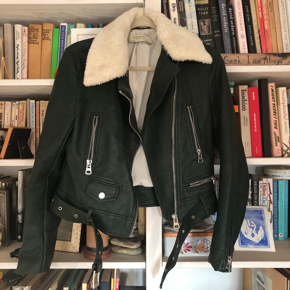 Zara green fake leather jacket shearling collar M